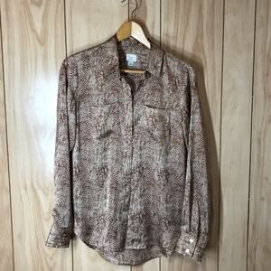 A New Day Brown Animal Print Silky Collared Long Sleeve Top S